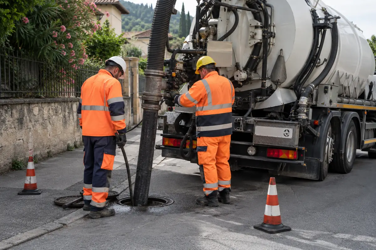 Squadra al lavoro con autospurgo su un pozzetto stradale