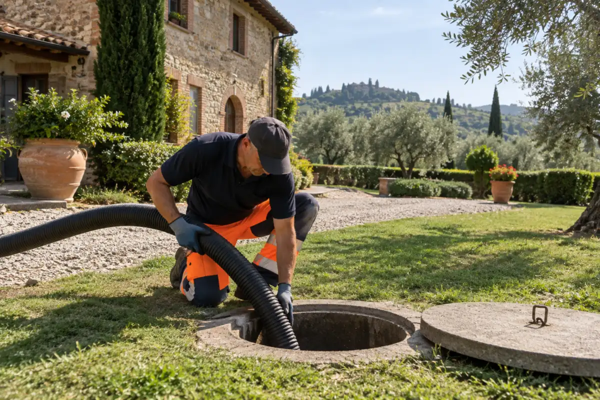 Vuotatura di una fossa biologica nel giardino di un casale toscano