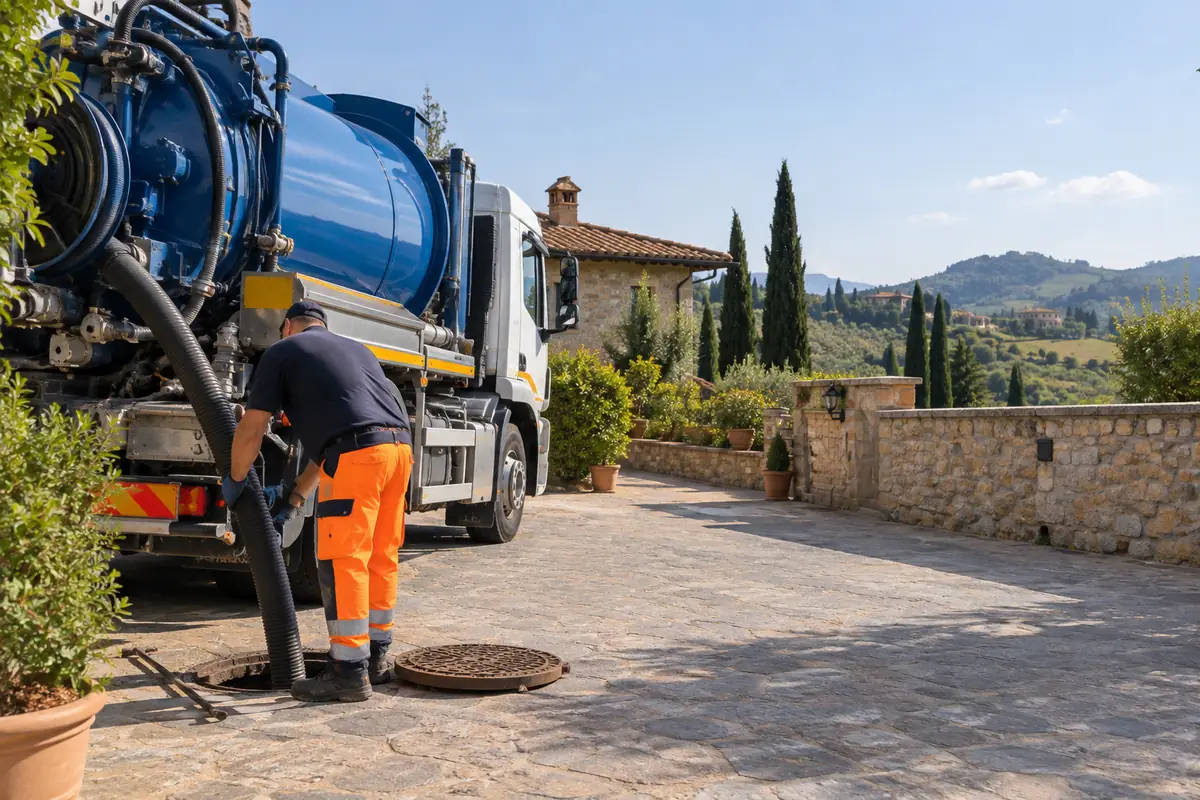 Operatore collega il tubo di aspirazione dell'autospurgo al pozzetto nel vialetto di una casa in collina vicino a Firenze