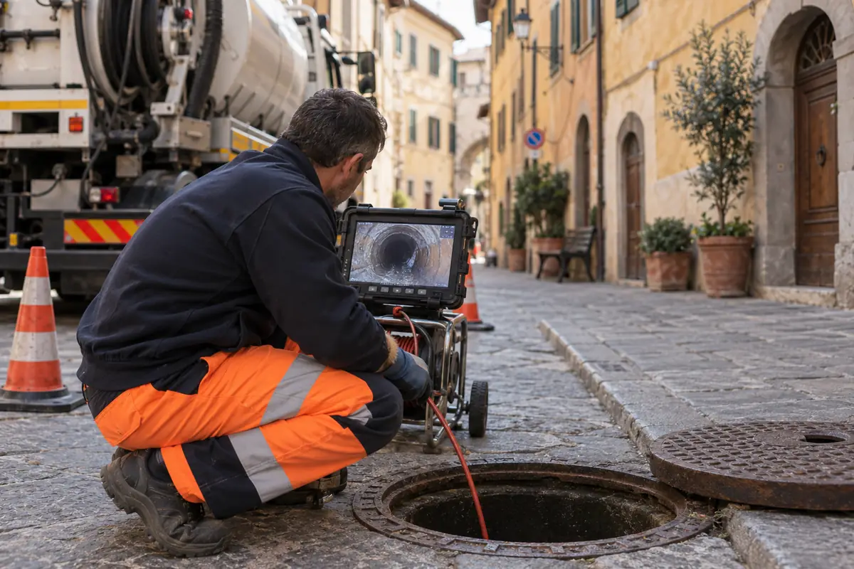 Tecnico esegue la videoispezione di una fognatura in una strada del centro